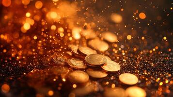 Shimmering golden coins lie scattered against a dark background, illuminated by sparkling particles that create a captivating, magical ambiance. photo