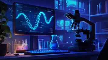 A modern laboratory workspace features a microscope next to glassware, with a glowing computer screen displaying vibrant data patterns related to artificial intelligence in biotechnology. photo