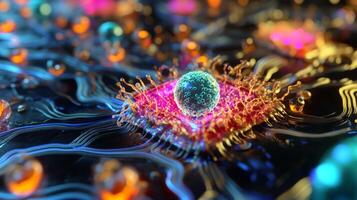 In a vibrant digital environment, nodes representing artificial intelligence and biology interact through colorful connections. photo