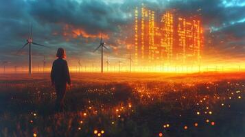 Vivid sunset illuminates a landscape filled with wind turbines. A figure observes this stunning view as digital graphics project a futuristic city into the sky, blending nature with technology. photo