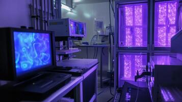 In a cutting-edge laboratory, various bioinformatics instruments are displayed, including a computer with glowing visuals. photo