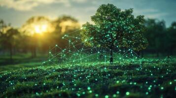A vibrant tree stands in a lush green field, surrounded by glowing digital connections. The sun rises in the background, casting a warm light on the landscape. photo