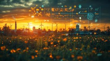 Sunset illuminates a field of flowers and wind turbines, blending nature with advanced technology through digital data overlays. photo