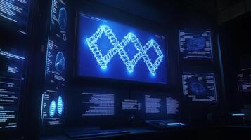 A sleek computer setup features a glowing blue representation of a DNA strand on a large screen. Surrounding monitors display intricate bioinformatics data and AI algorithms. photo