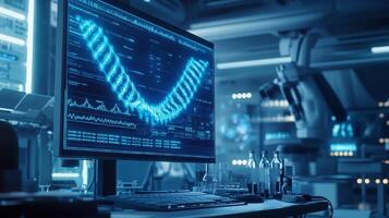 A sophisticated laboratory displays a large computer monitor showcasing intricate data visualizations related to genetic sequences. photo