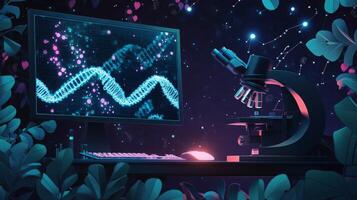 A computer setup features a monitor displaying DNA sequences, while a microscope sits on a desk surrounded by vibrant plants. This blend of technology and biology showcases innovative research. photo