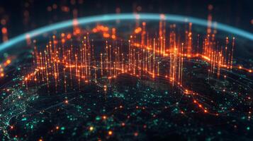 Bright data points and connections illustrate global networks above the Earth. The colorful display emphasizes technological infrastructure and interconnectivity in various regions. photo