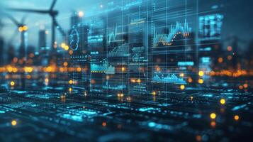 A vibrant cityscape showcases digital data analytics with glowing graphs and information overlays. Wind turbines dot the landscape, highlighting a blend of technology and renewable energy. photo