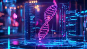 A vibrant, glowing model of a DNA double helix is presented in a transparent cylinder within a high-tech environment. Surrounding digital code and neon lights enhance the futuristic atmosphere. photo