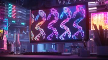 Colorful data visualization displays intricate DNA sequencings on a monitor in a high-tech laboratory. Surrounding equipment enhances the ambiance of scientific innovation and exploration. photo