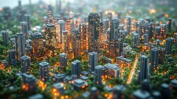 A vibrant city skyline showcases towering skyscrapers and warm lights as dusk sets in. Green spaces intermingle with buildings, creating a unique urban panorama. photo