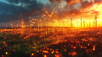 Renewable energy is being produced by wind turbines in a rural area as a stunning sunset casts colorful light over the field, where glowing data visualizations symbolize energy stats. photo