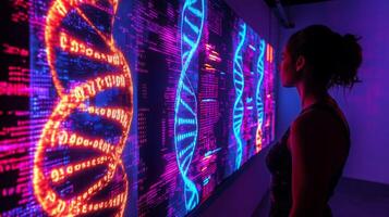 A person stands captivated by vibrant displays of DNA sequences and bioinformatics data. photo