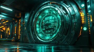 A round, glowing portal stands in a dimly lit, high-tech environment filled with intricate circuitry and vibrant blue and orange lights. photo