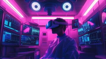 A person wearing a virtual reality headset engages with intricate data displays in a high-tech laboratory. photo