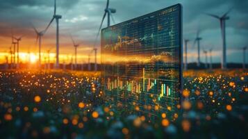 A financial chart with glowing market data is positioned in a colorful field, surrounded by blooming flowers and wind turbines under a vibrant sunset sky. photo