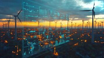 A beautiful sunset illuminates a wind farm, where numerous wind turbines stand tall. Digital data overlays display analytics, highlighting the integration of technology in renewable energy. photo