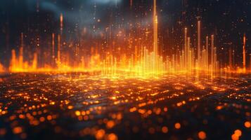 A vivid display of orange lights engulfs a dark expanse, resembling a futuristic city at twilight. Tall structures rise like digital towers against a moody backdrop. photo