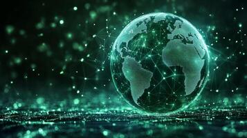 A digital globe showcases continents with a network of glowing nodes and lines, symbolizing connectivity and data exchange, set against a dark background. photo