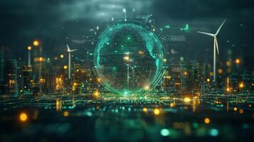A futuristic city skyline is illuminated by bright lights, featuring a digital globe and wind turbines that highlight advancements in sustainable energy and technology. photo