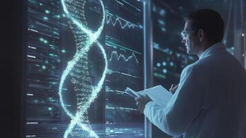 A scientist in a laboratory studies dynamic genetic patterns displayed on screens. photo