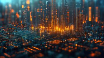 A vibrant night city skyline displays glowing lights and data connections, representing urban growth and technology's impact on the environment, with high-rise buildings and intricate networks. photo