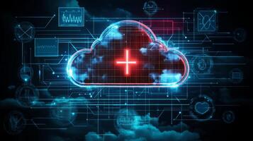A digital representation of cloud computing technology integrates bioinformatics and artificial intelligence. Various data icons and graphs surround a prominent cloud symbol, emphasizing innovation. photo