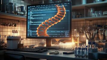A laboratory workspace displays advanced computer technology analyzing genetic data and DNA structures. Glassware and instruments surround the setup, highlighting the intersection of AI and biology. photo