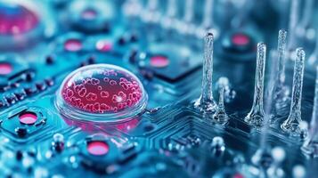 Close-up of a vibrant electronic circuit board, showcasing a droplet of bio matter alongside intricate circuitry and microstructures. photo