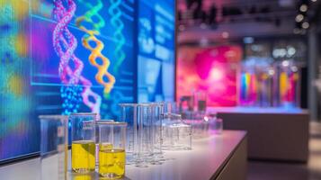 Colorful liquids are displayed in various glass containers while digital screens showcase genetic data and molecular structures in a modern laboratory setting focused on AI advancements in biology. photo