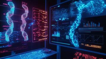 The setting shows a high-tech laboratory where bioinformatics data is analyzed. Multiple digital screens display intricate DNA sequences, data graphs, and AI models in vibrant colors. photo