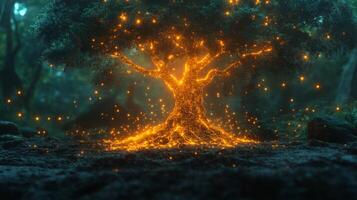 A majestic tree stands in a misty forest, its branches illuminated with glowing sparks. The enchanting scene unfolds during twilight, casting an ethereal atmosphere around. photo