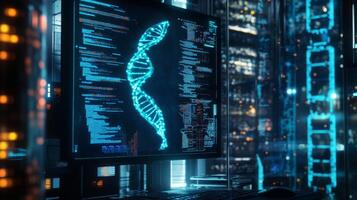 A computer screen showcases a digital illustration of a DNA double helix alongside lines of code. photo