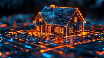 A house silhouette appears in bright lines, showcasing a digital design. The background features a technology-inspired grid, enhancing the modern feel. photo