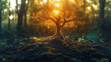 A vibrant tree stands in the center of a lush forest as the sun sets, casting a warm glow through the leaves while soundwave patterns float around it, creating a serene atmosphere. photo