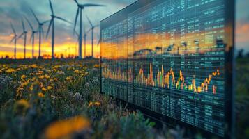 A vibrant display of data analytics in front of a field of wind turbines at sunset. The graph showcases renewable energy trends amidst blooming flowers. photo