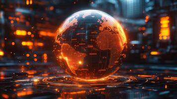 A glowing globe showcases intricate patterns and data points, set against a futuristic city illuminated by orange lights during nighttime. The digital ambiance creates a dynamic atmosphere. photo