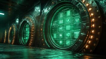 In a dimly lit corridor, circular windows reveal glowing green displays with complex data. The high-tech environment suggests advanced technology and exploration. photo