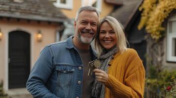 A happy couple stands proudly outside their new home, holding a set of keys. The cozy architecture features warm colors and autumn foliage, creating a welcoming atmosphere. photo