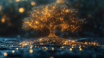 A captivating tree glows with bright golden lights, standing in a tranquil forest at twilight. The surrounding area shimmers with soft lights, enhancing the enchanting ambiance. photo