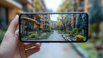 A person holds a smartphone showcasing a tranquil garden path surrounded by vibrant greenery and autumn leaves between buildings. photo