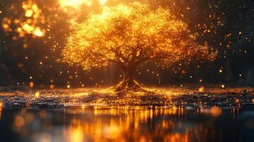 A magnificent tree glows golden under the warm evening sun, surrounded by twinkling lights. Its reflection dances on the still water, creating a magical atmosphere at dusk. photo