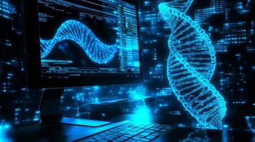 A computer setup displays a glowing blue DNA strand alongside complex data, highlighting the intersection of artificial intelligence and bioinformatics in a futuristic digital environment. photo