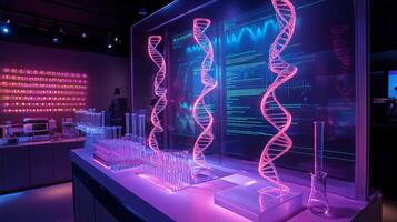 A contemporary research facility showcases interactive displays of DNA structures and bioinformatics data. photo