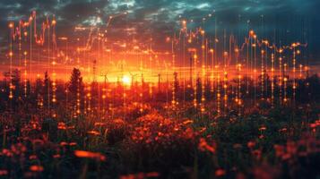 A vibrant sunset casts orange and red hues over a grassy field, while digital lines and points create an abstract representation of data, blending nature with technology at dusk. photo