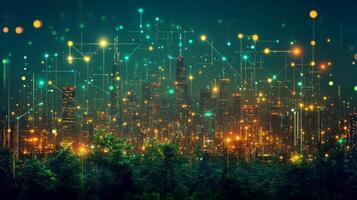 A city skyline comes alive with colorful lights resembling digital patterns at night. The scene features a mix of modern skyscrapers and lush greenery, creating a unique urban landscape. photo