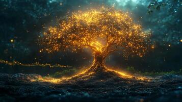 A radiant tree glows with golden light, surrounded by a serene forest. The enchanting atmosphere is highlighted by soft illumination and a gentle glow at twilight. photo