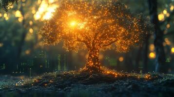 A large tree with glowing leaves stands in a serene forest, bathed in warm sunlight. photo