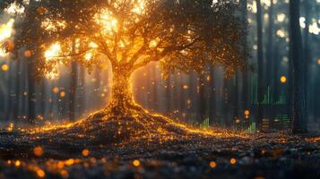 A grand tree stands at the center of a tranquil forest, illuminated by a warm golden glow as sunlight filters through the leaves. photo