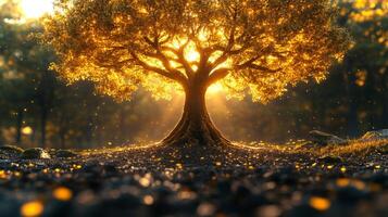 Sunlight bathes a large tree, illuminating its golden leaves in a peaceful forest setting. The ground is covered with fallen leaves, creating a serene atmosphere. photo